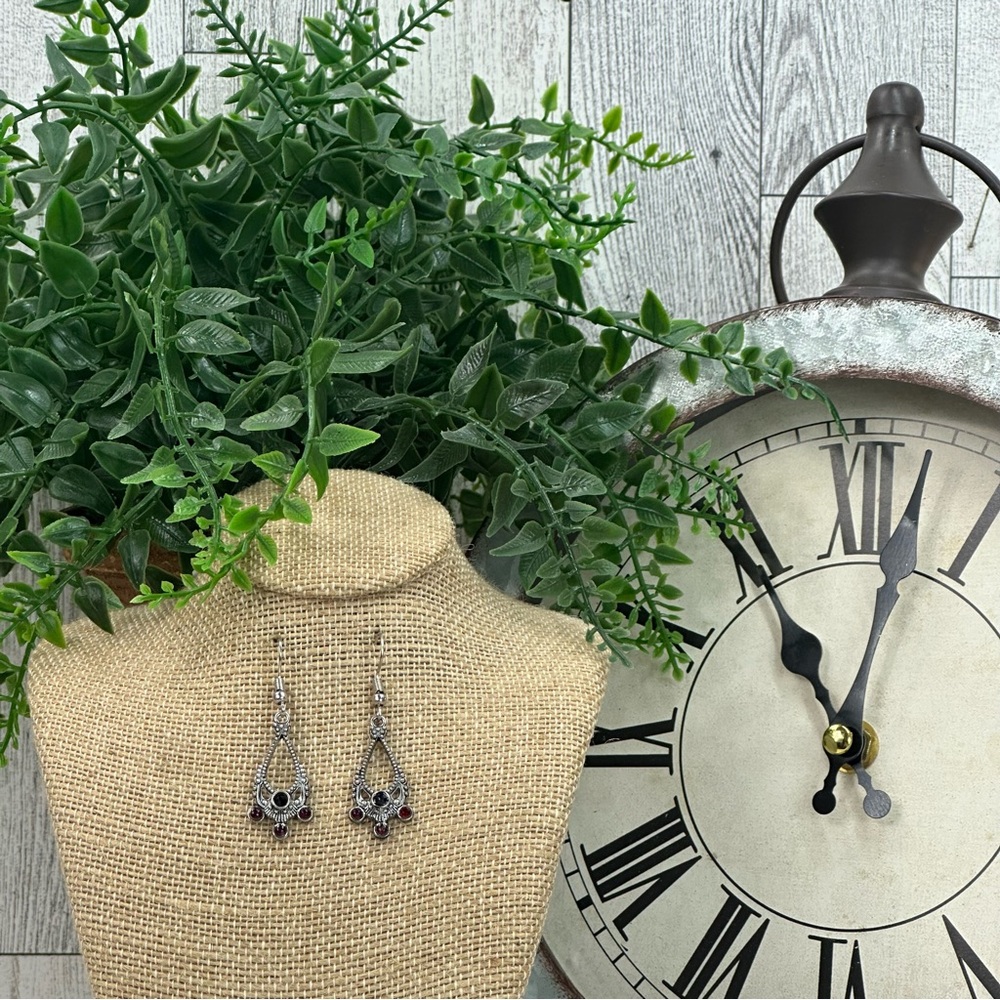 UP SCALE TIME - Red & Black Faceted Resined Crystal Silver Tone Dangle Earrings